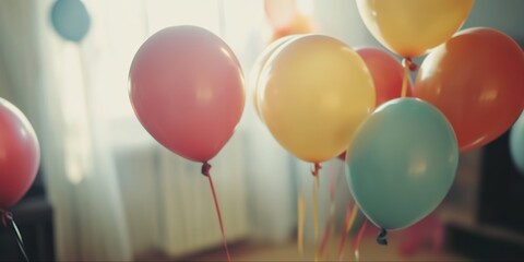 A group of colorful balloons floating in the air, creating an atmosphere filled with joy and celebration for special events like birthday parties or wedding ceremonies.