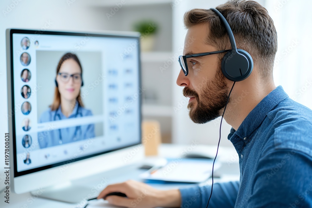 Poster a focused man engages in a virtual meeting with a colleague on his computer, showcasing modern remot
