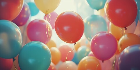 A group of colorful balloons floating in the air, creating an atmosphere filled with joy and celebration for special events like birthday parties or wedding ceremonies.