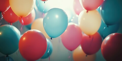A group of colorful balloons floating in the air, creating an atmosphere filled with joy and celebration for special events like birthday parties or wedding ceremonies.