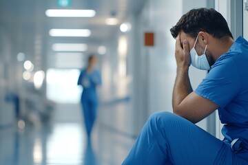 A healthcare worker in blue scrubs sits distressed in a hospital corridor, highlighting the emotional toll of medical professions during challenging times, emphasizing mental healt