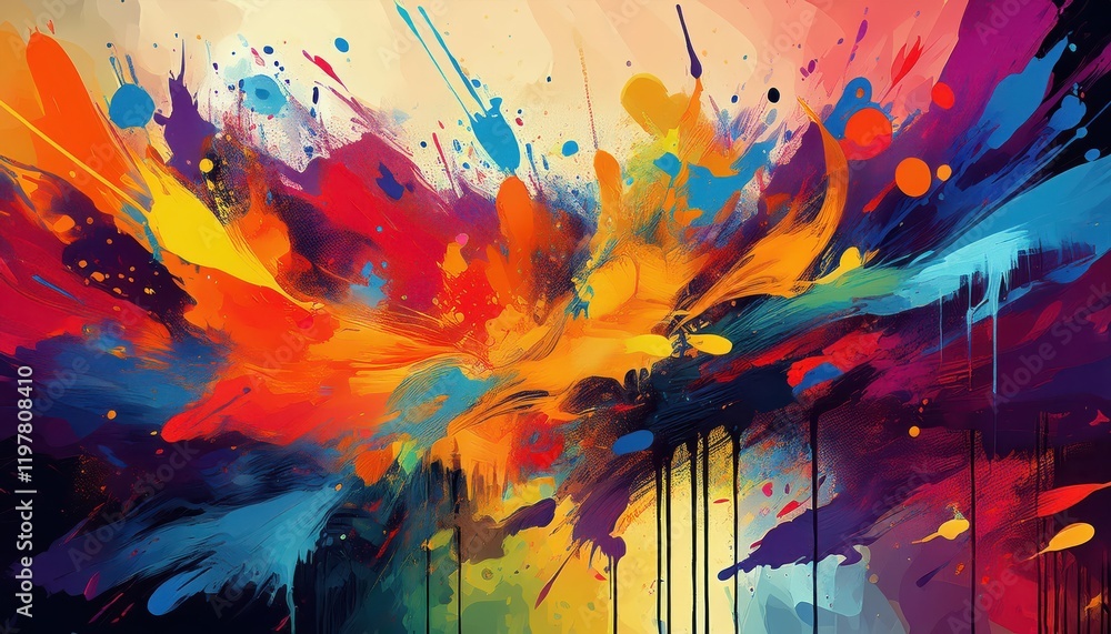 Poster vibrant abstract expressionist masterpiece showcasing an explosion of color and texture, with an emp