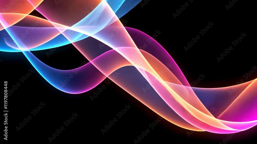 Poster glowing neon waves with red and blue light trails on black background. abstract dynamic lines with m