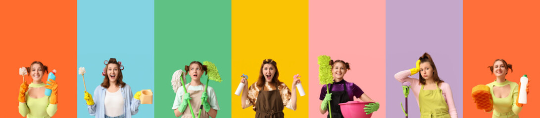 Set of young woman with cleaning supplies on color background