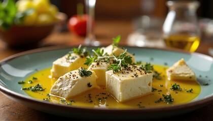 A meticulously styled presentation of Feta Cheese with Olive Oil.