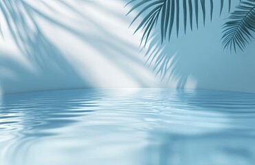 Fototapeta na wymiar Abstract background with water ripples and palm shadows on a light blue wall. Background for product presentation, 