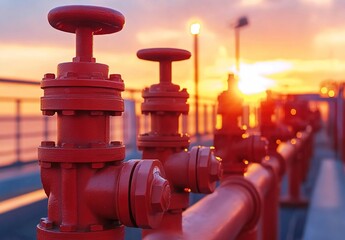 Red fire hydrants and red pipes on the bridge with sunset light in the background