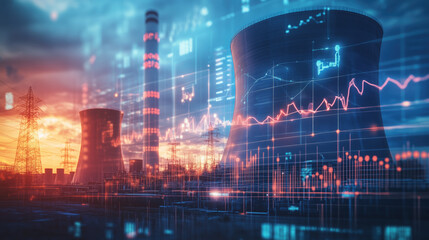 Obraz premium Large Nuclear Reactor Core at a Facility, with Digital Graphs in the Background Depicting the Rise and Fall of Global Nuclear Energy Demand and Prices
