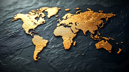 Golden World Map on Dark Stone: A Global Perspective