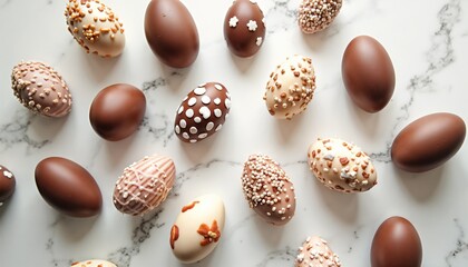 Variety of decorated chocolate Easter eggs on a marble countertop