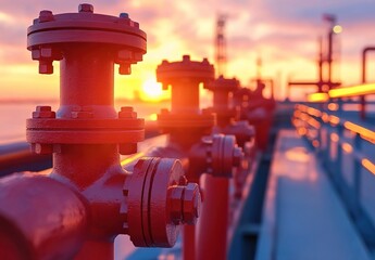 Red fire hydrants and red pipes on the bridge with sunset light in the background