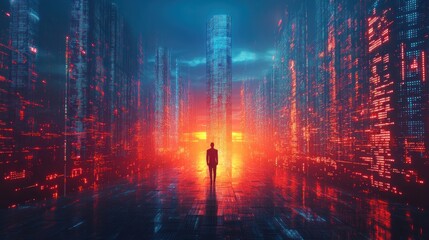 Fototapeta premium Solitary Figure in a Futuristic Digital Cityscape
