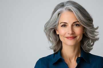 A confident middle-aged woman with gray hair, smiling warmly. She embodies grace and wisdom, representing the beauty of aging positively and gracefully in modern society.