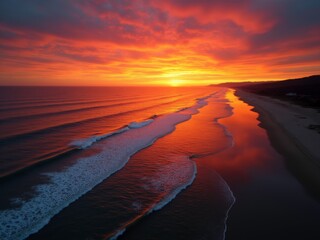 A breathtaking sunset over the ocean, with vibrant orange and red hues reflecting on the waves. The sun dips below the horizon, casting a warm glow over the beach.