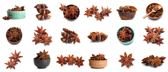 Set of star anise spice on white background