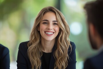A cheerful young woman smiles warmly while engaged in a conversation, surrounded by a bright and inviting environment, showcasing a connection and positive atmosphere.