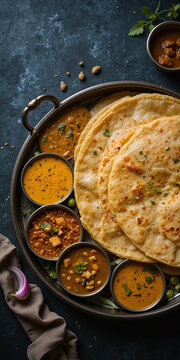 masala dosa and curries on a tray, Indian traditional food recipe banner image in a pan 