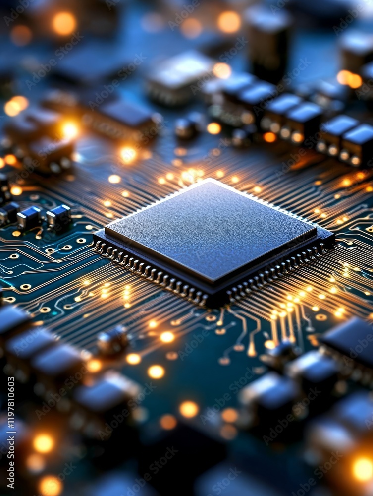 Poster this image shows a closeup of a microchip on a circuit board, highlighting its intricate details and