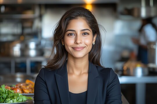 A confident woman in a professional setting, smiling warmly. This image conveys approachability and leadership, perfect for business-related themes or culinary ventures.