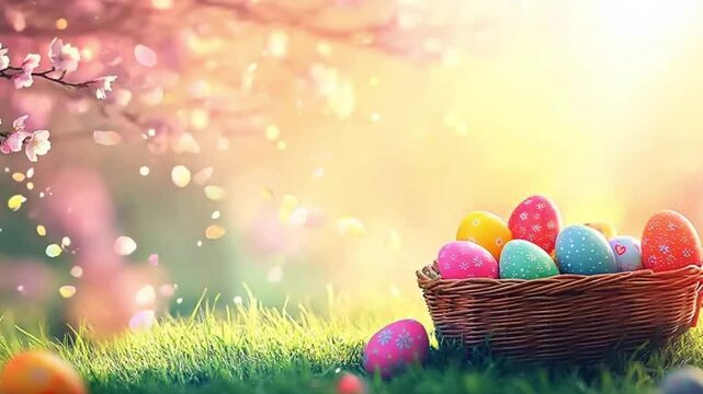 Easter background with pink blossom and basket with painted easter eggs, easter egg hunt game theme. Colored eggs in green grass to grab and collect, leisure game on holidays. The religious holiday 4k