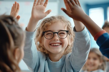A joyful child raises their hand in a classroom, displaying excitement and engagement. The scene captures the essence of learning, interaction, and positive classroom dynamics.