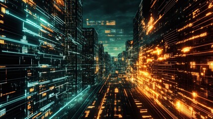 Futuristic Cityscape with Neon Lights and Digital Elements at Night