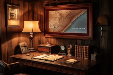 Cozy Wooden Wall Office with Vintage Desk and "Gulf of America" Map