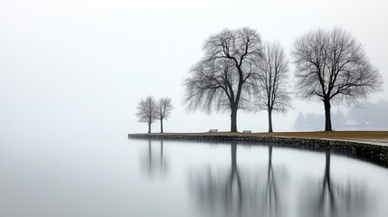A serene scene of a lake with three trees in the foreground and a bench in the background. The water is calm and the trees are bare, giving the image a peaceful and quiet atmosphere