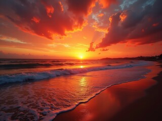 Fototapeta premium A breathtaking sunset over the ocean, with vibrant orange and red hues reflecting on the waves. The sun dips below the horizon, casting a warm glow over the beach.