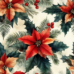 Vibrant Holiday Floral Pattern with Poinsettias and Berries