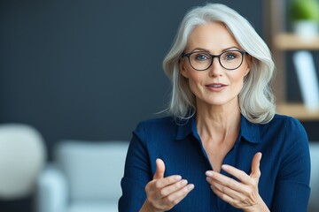A confident senior woman wearing glasses engages in a discussion. Her expression conveys wisdom and approachability, ideal for themes of leadership, mentorship, and empowerment.