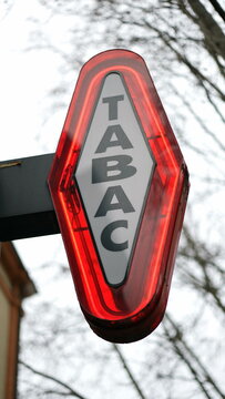 Tabac sign for sale on display outside at store, VERTICAL VIDEO