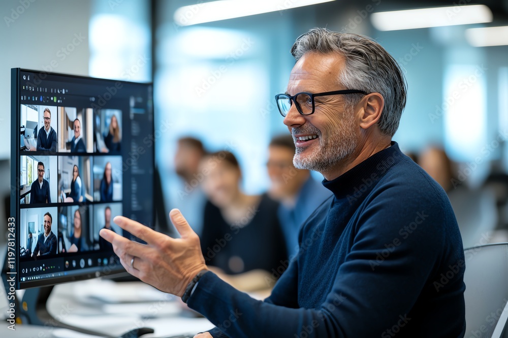 Poster a smiling professional man in glasses engaging with his colleagues through a computer screen, showca