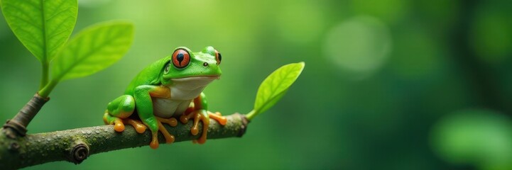 Happy green frog perched on a leafy branch, whimsical style, green, cute