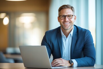 A confident businessman sitting at a desk with a laptop, smiling at the camera. The modern office background creates a professional and inspiring work environment.
