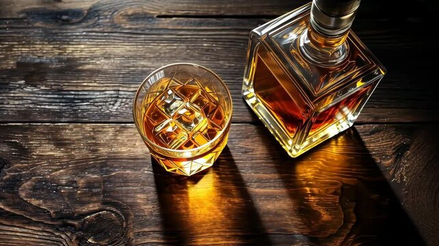 Top view of a bottle and glass of whiskey or scotch on a dark wooden table.