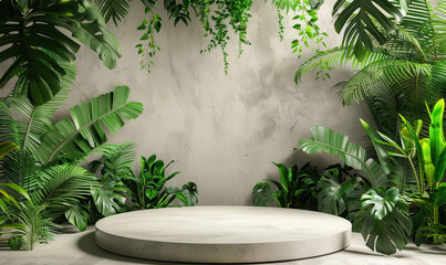 A clean, minimalist podium featuring a product under the lush rainforest canopy, perfect for an eco-friendly product launch.