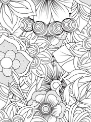 Floral Coloring Page: Intricate black and white floral pattern, designed for creative expression and relaxation, ideal for artists and hobbyists.