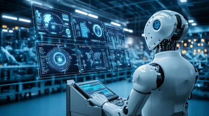 Fototapeta premium Futuristic Robot Analyzing Data on Advanced Digital Interface Display