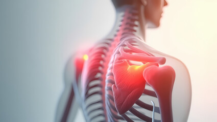 Shoulder anatomy close-up with pulsing red pain zones, precise scapula and ligament renderings, neutral gradient background highlighting clinical detail.
