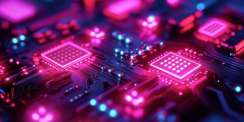 A close-up of an advanced circuit board with glowing neon lights, representing the high-tech nature and fast-paced world of data technology.