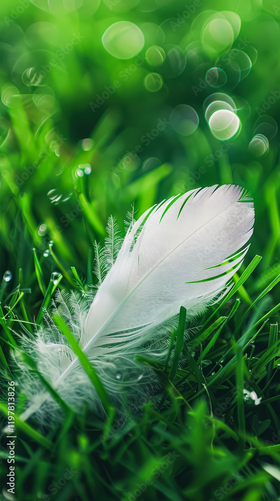 Poster white feather is on a green grass field. the feather is the only thing visible in the image