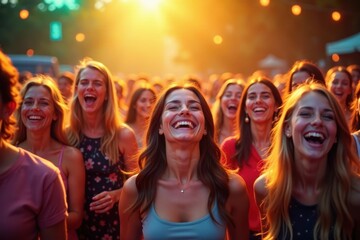 Fototapeta premium Joyful crowd's radiant smiles, vibrant backdrop, excitement, jubilant