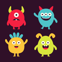 Happy Halloween. Cute monster set. Kawaii cartoon boo baby character. Colorful silhouette monsters. Different face. Eyes, teeth horns, hands. Flat design. Childish style. Black background. Vector