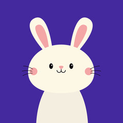 Cute white rabbit bunny hare silhouette icon. Smiling face head. Pink cheeks. Kawaii cartoon funny baby character. Happy Easter. Valentines Day. Greeting card. Blue background. Flat design. Vector