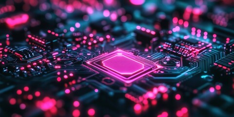 A close-up of an advanced circuit board with glowing neon lights, representing the high-tech nature and fast-paced world of data technology.