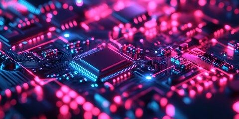 Obraz premium A close-up of an advanced circuit board with glowing neon lights, representing the high-tech nature and fast-paced world of data technology.
