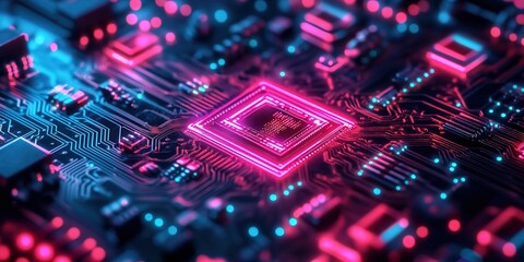 Fototapeta premium A close-up of an advanced circuit board with glowing neon lights, representing the high-tech nature and fast-paced world of data technology.