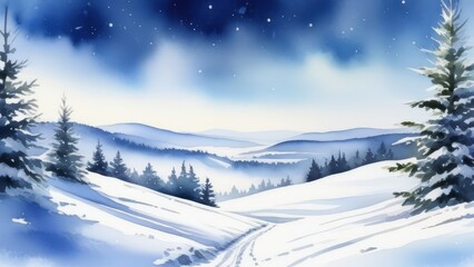 A snowy landscape with a road and a fence