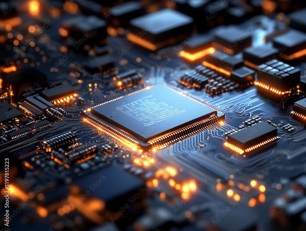 Poster this image displays a closeup of a microchip on a detailed circuit board, showcasing intricate conne